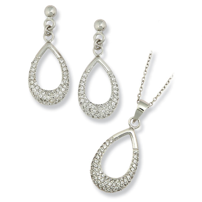 .925 Silver Open Teardrop Earring & Pendant Set with Pave set Clear CZ