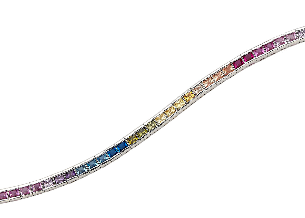 Silver Princess Cut Rainbow CZ Tennis Bracelet