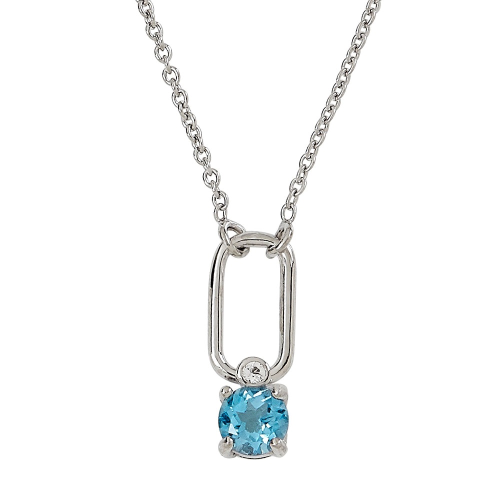 Silver Paper Clip Style Necklace with Genuine Swiss Blue Topaz