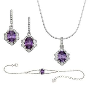 Silver Rosette Design Pendant, Bracelet and Earring Set with Oval Amethyst